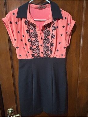 Darling London brand Coral and Black Embroidered Polo Dress size small